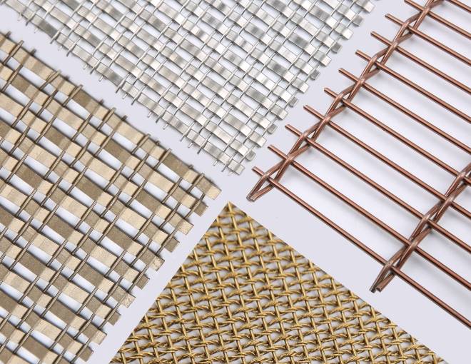Several different material and mesh patterns of Athena architectural mesh on white background.