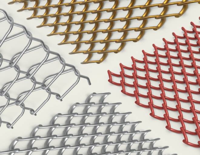 Several different material and mesh patterns of Triton architectural mesh on white background.