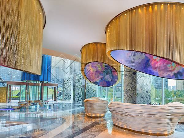 The overview of Chengdu W hotel lamp decoration with chain link curtain.